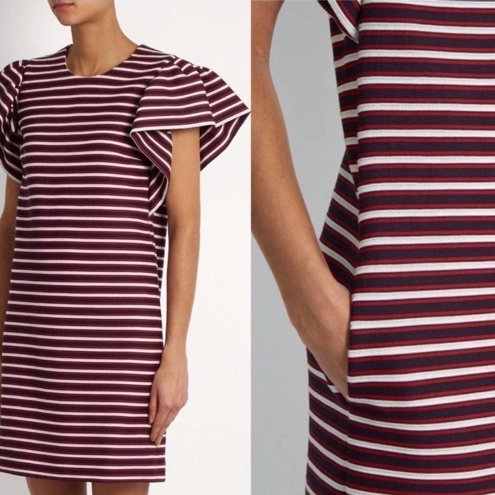MSGM Milan red white & blue striped dress with ruffle short sleeves & pockets - Picture 15 of 16